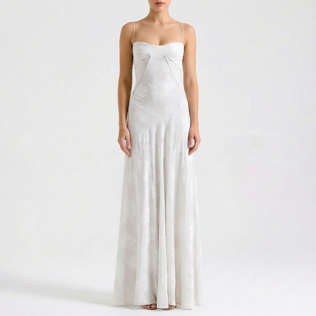 Luna | Abito lungo da donna con ricamo floreale e spalline sottili | Romantico