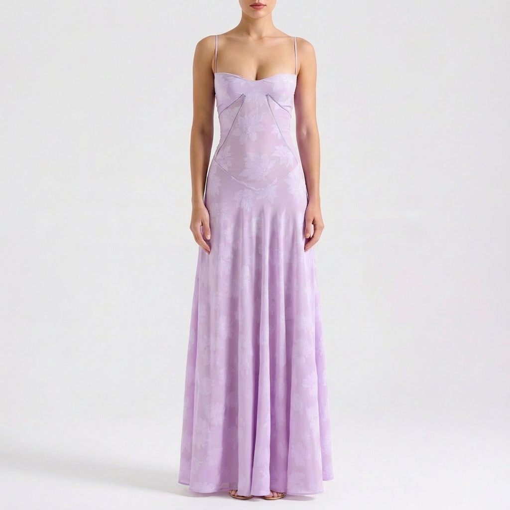 Luna | Abito lungo da donna con ricamo floreale e spalline sottili | Romantico