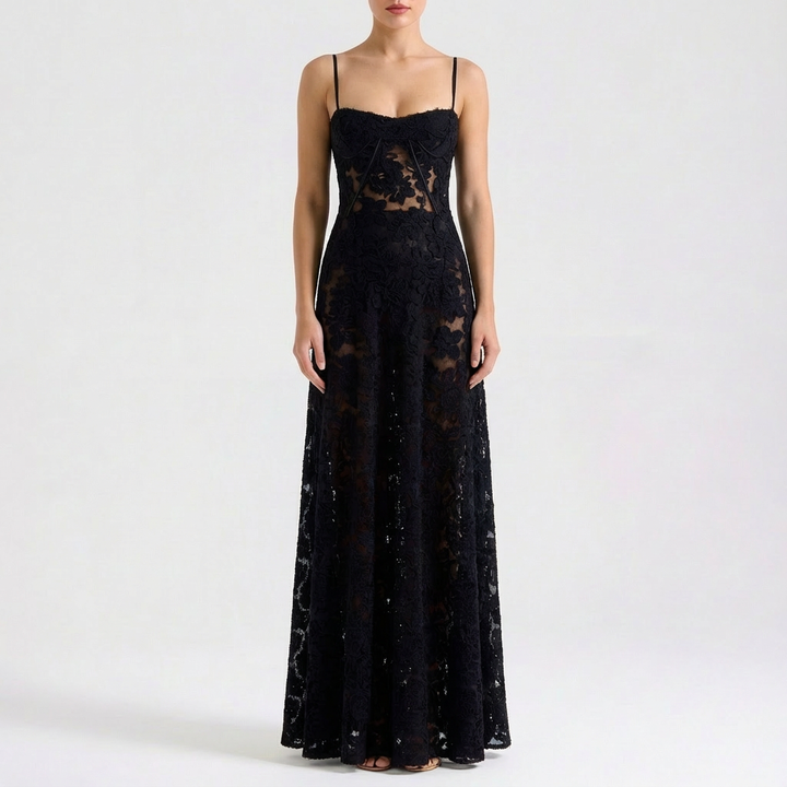 Luna | Abito lungo da donna con ricamo floreale e spalline sottili | Romantico