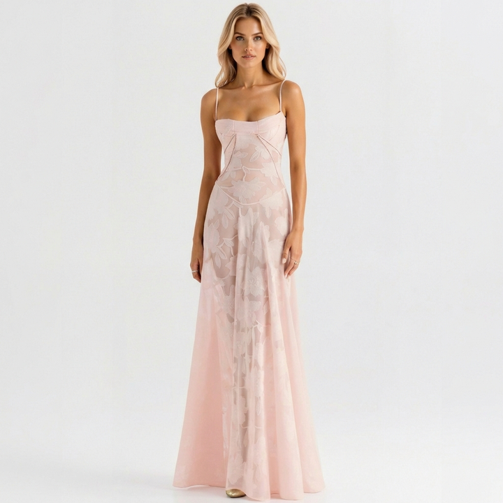 Luna | Abito lungo da donna con ricamo floreale e spalline sottili | Romantico