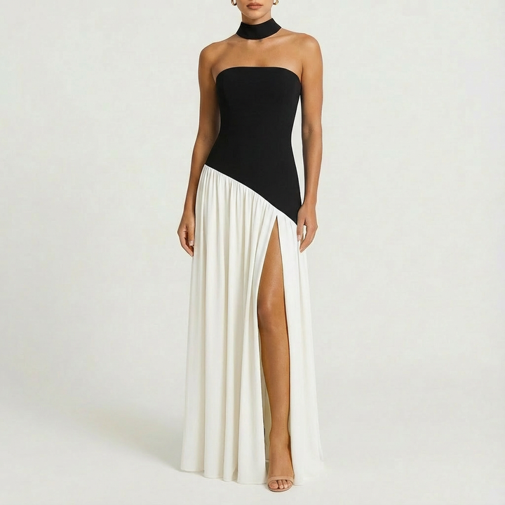 Luna | Abito lungo da donna con collo a fascia e spacco laterale | Elegante