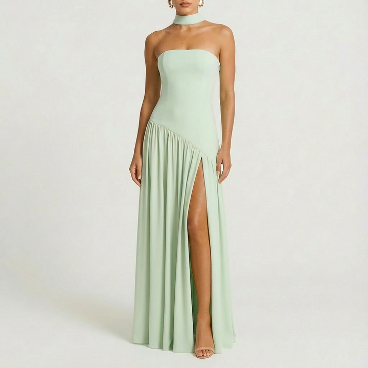 Luna | Abito lungo da donna con collo a fascia e spacco laterale | Elegante