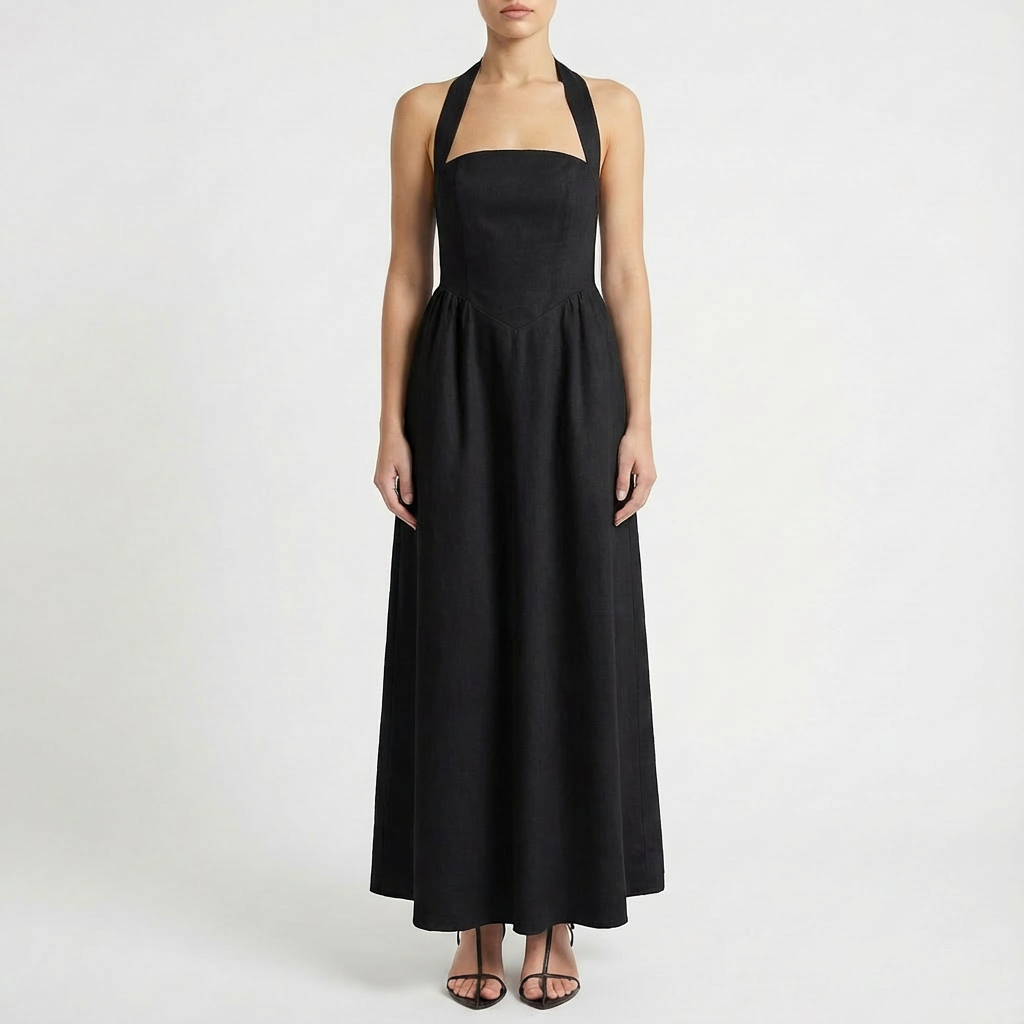 Luna | Abito lungo da donna con scollo all'americana e tasche laterali | Elegante