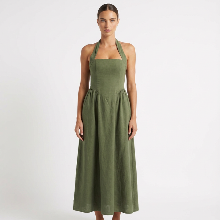 Luna | Abito lungo da donna con scollo all'americana e tasche laterali | Elegante