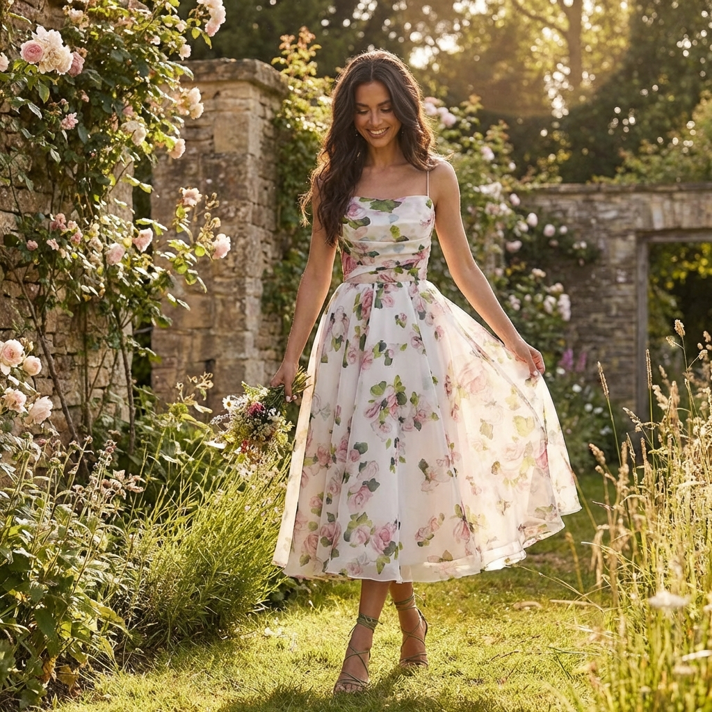 Luna | Abito Midi Donna con Stampa Floreale e Spalline Sottili | Romantico