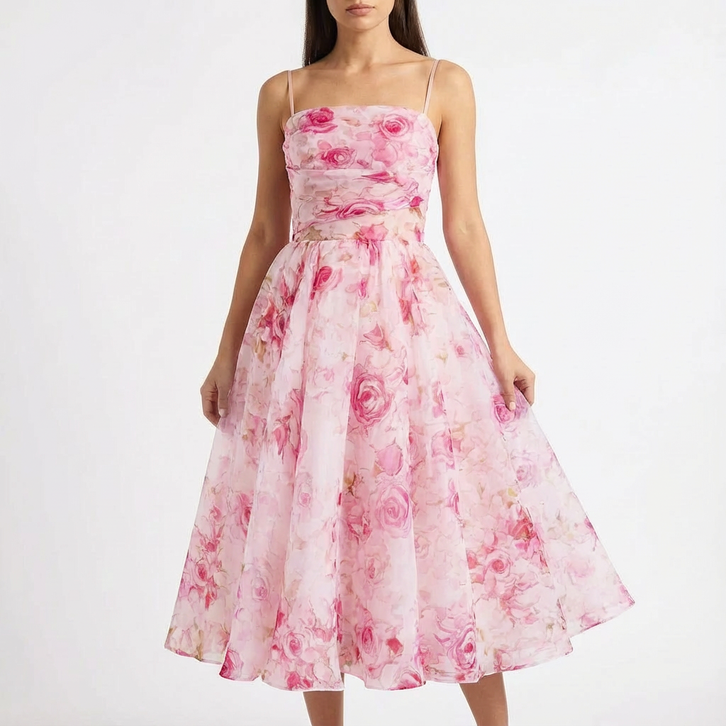 Luna | Abito Midi Donna con Stampa Floreale e Spalline Sottili | Romantico