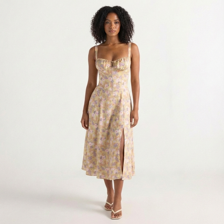 Luna | Abito Midi Donna con Spalline Sottili e Stampa Floreale | Romantico