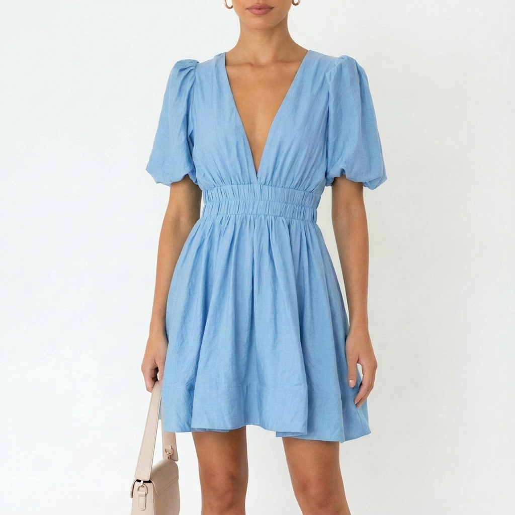 Luna | Abito Mini Donna con Maniche a Sbuffo e Scollo a V | Romantico