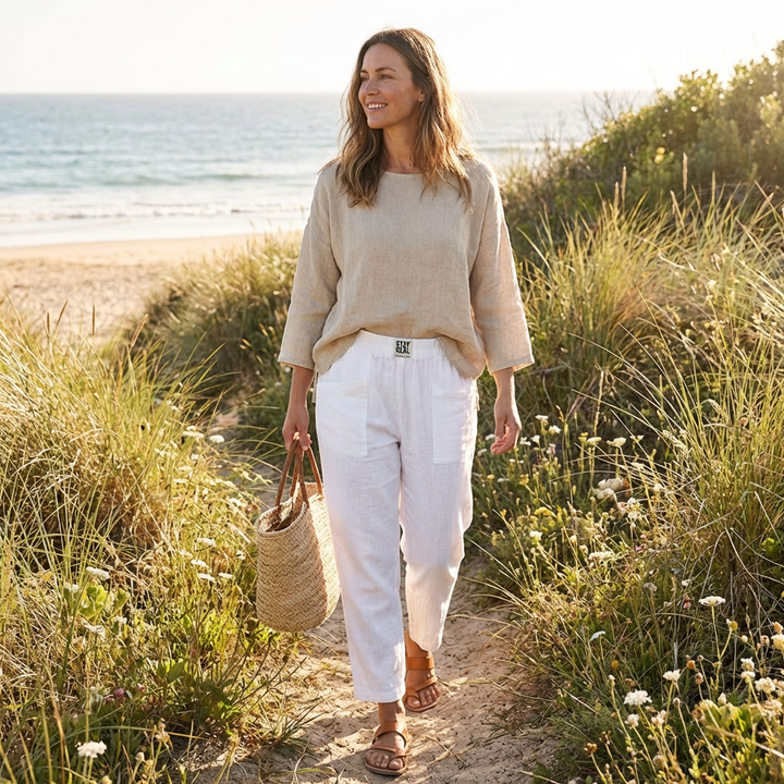 Luna | Pantalón Mujer Con Cintura Elástica Y Bolsillos Parche | Casual