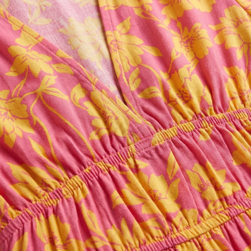 Marjorie | Vestido midi rosa de manga abullonada con cuello en V para mujer