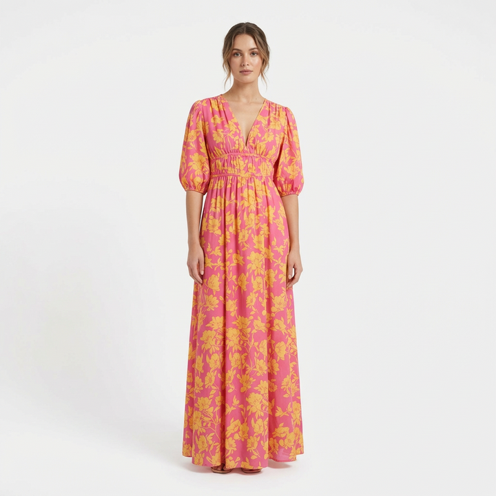 Marjorie | Vestido midi rosa de manga abullonada con cuello en V para mujer