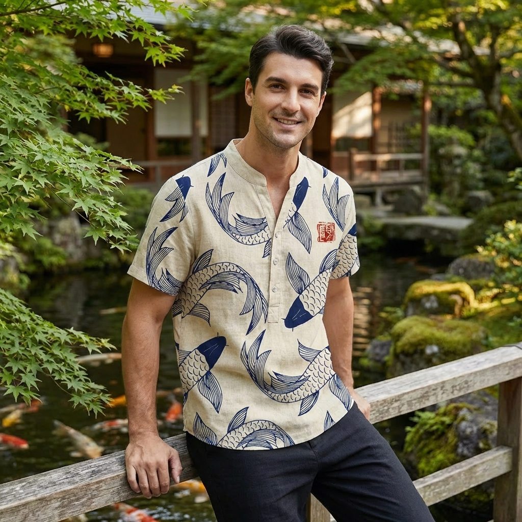 Mateo | Camisa Hombre Con Estampado Koi Y Cuello Mao | Casual