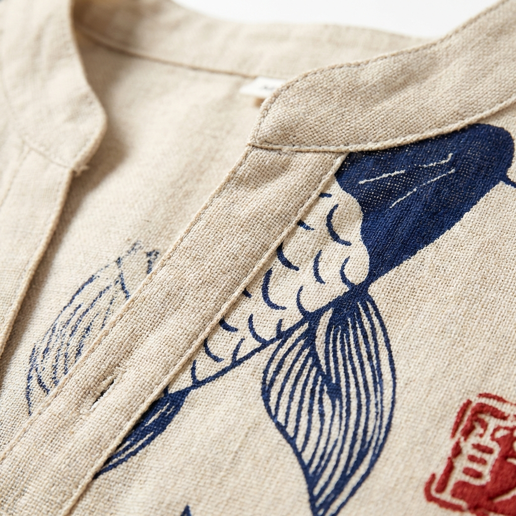 Mateo | Camisa Hombre Con Estampado Koi Y Cuello Mao | Casual