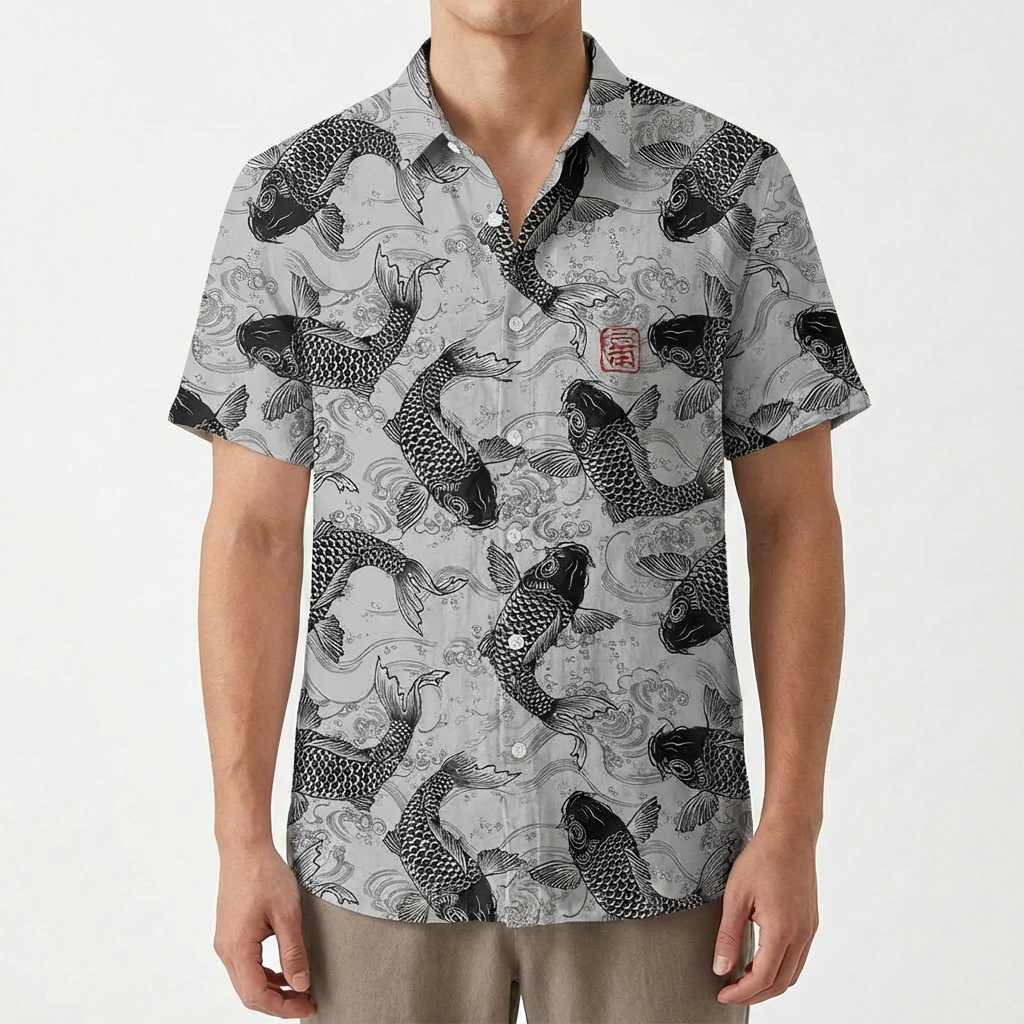 Mateo | Camisa Hombre Con Estampado Koi Y Cuello Mao | Casual