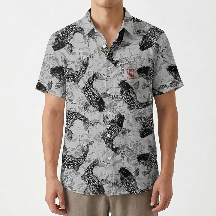 Mateo | Camisa Hombre Con Estampado Koi Y Cuello Mao | Casual