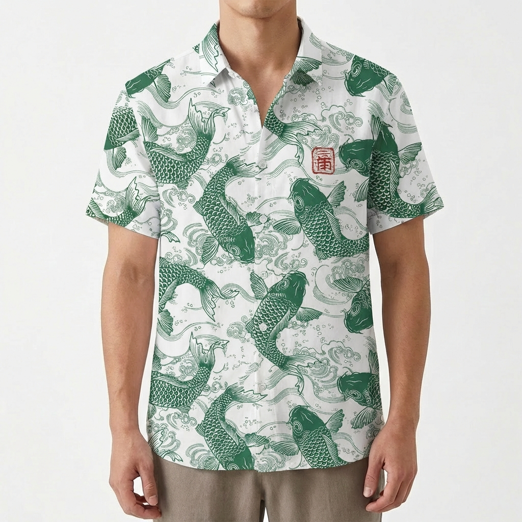 Mateo | Camisa Hombre Con Estampado Koi Y Cuello Mao | Casual