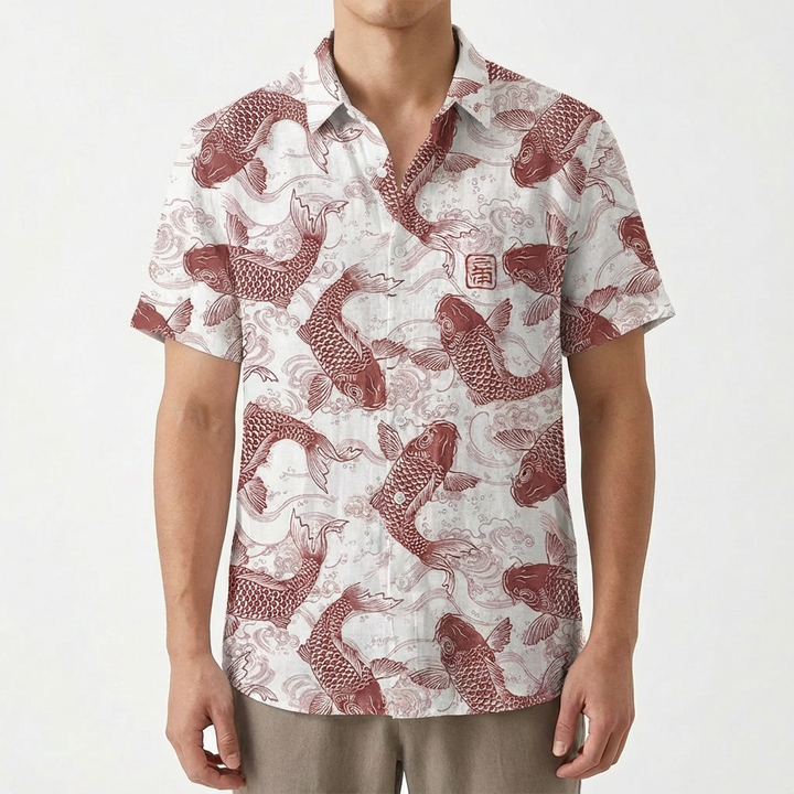 Mateo | Camisa Hombre Con Estampado Koi Y Cuello Mao | Casual