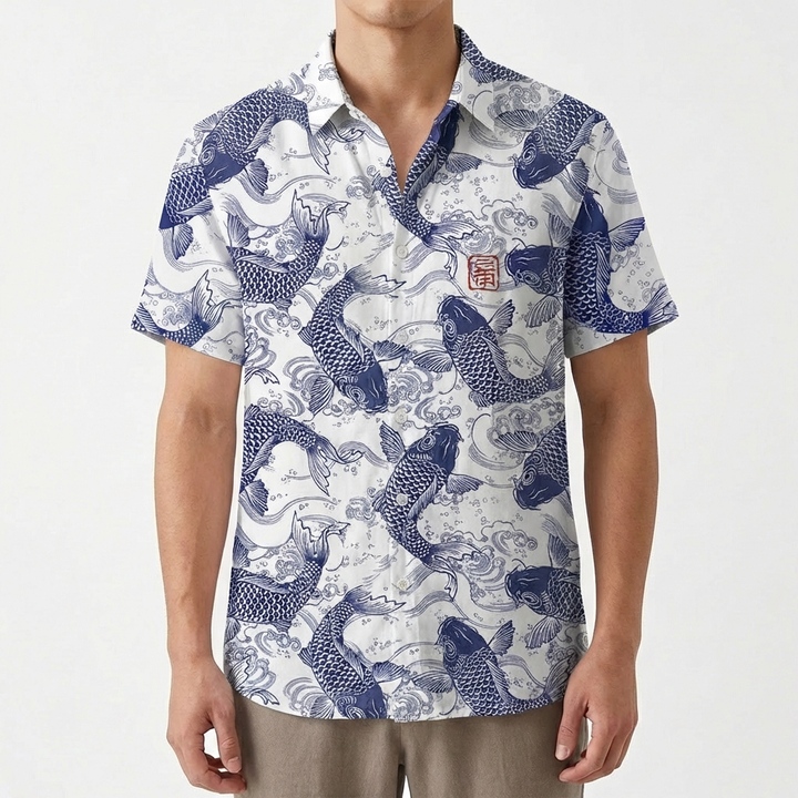 Mateo | Camisa Hombre Con Estampado Koi Y Cuello Mao | Casual