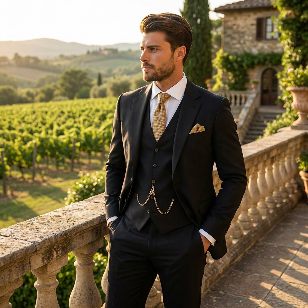 Mateo | Traje Tres Piezas Hombre Con Chaleco Con Cadena Y Corte Slim | Elegante