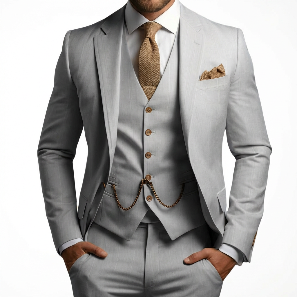 Mateo | Traje Tres Piezas Hombre Con Chaleco Con Cadena Y Corte Slim | Elegante