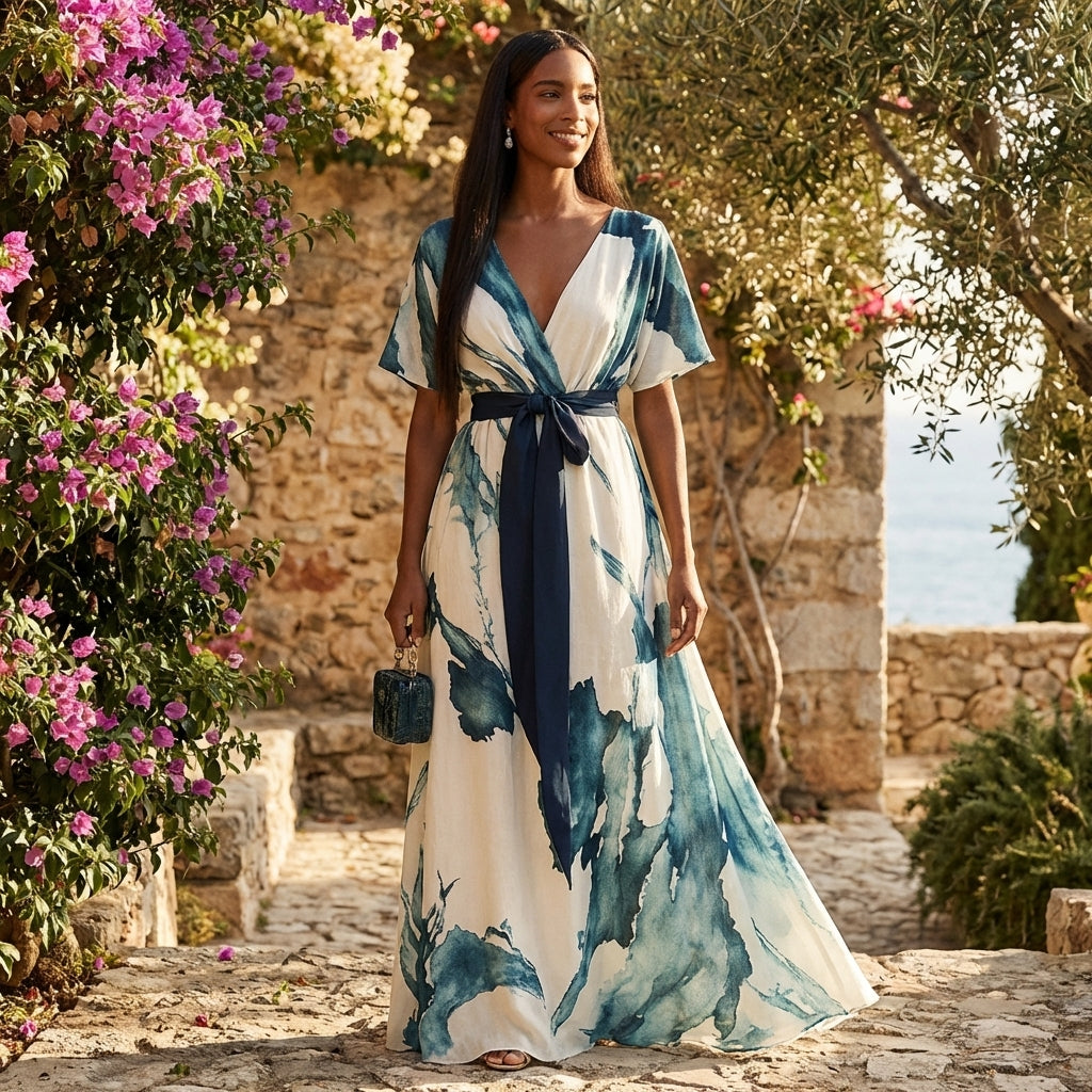 Nayla | Abito Lungo Incrociato Acquerello Donna Elegante