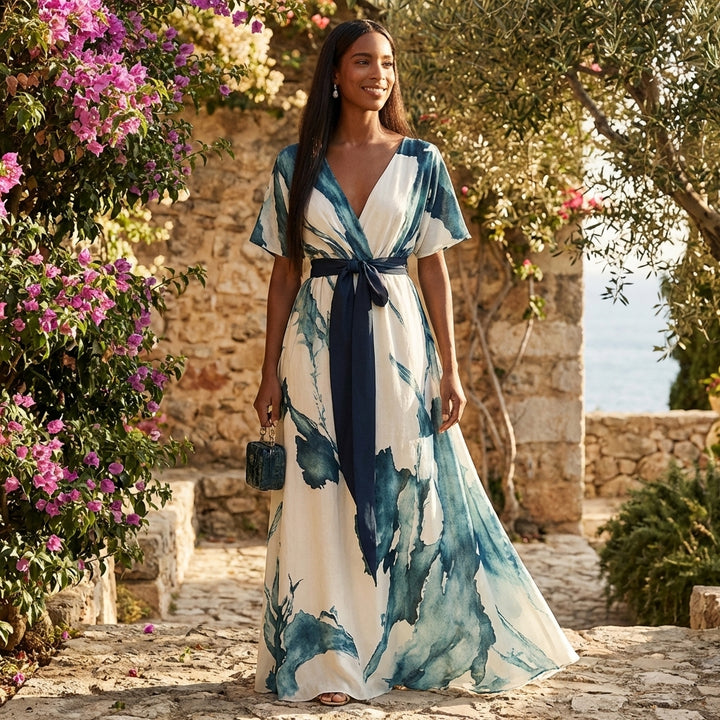 Nayla | Abito Lungo Incrociato Acquerello Donna Elegante