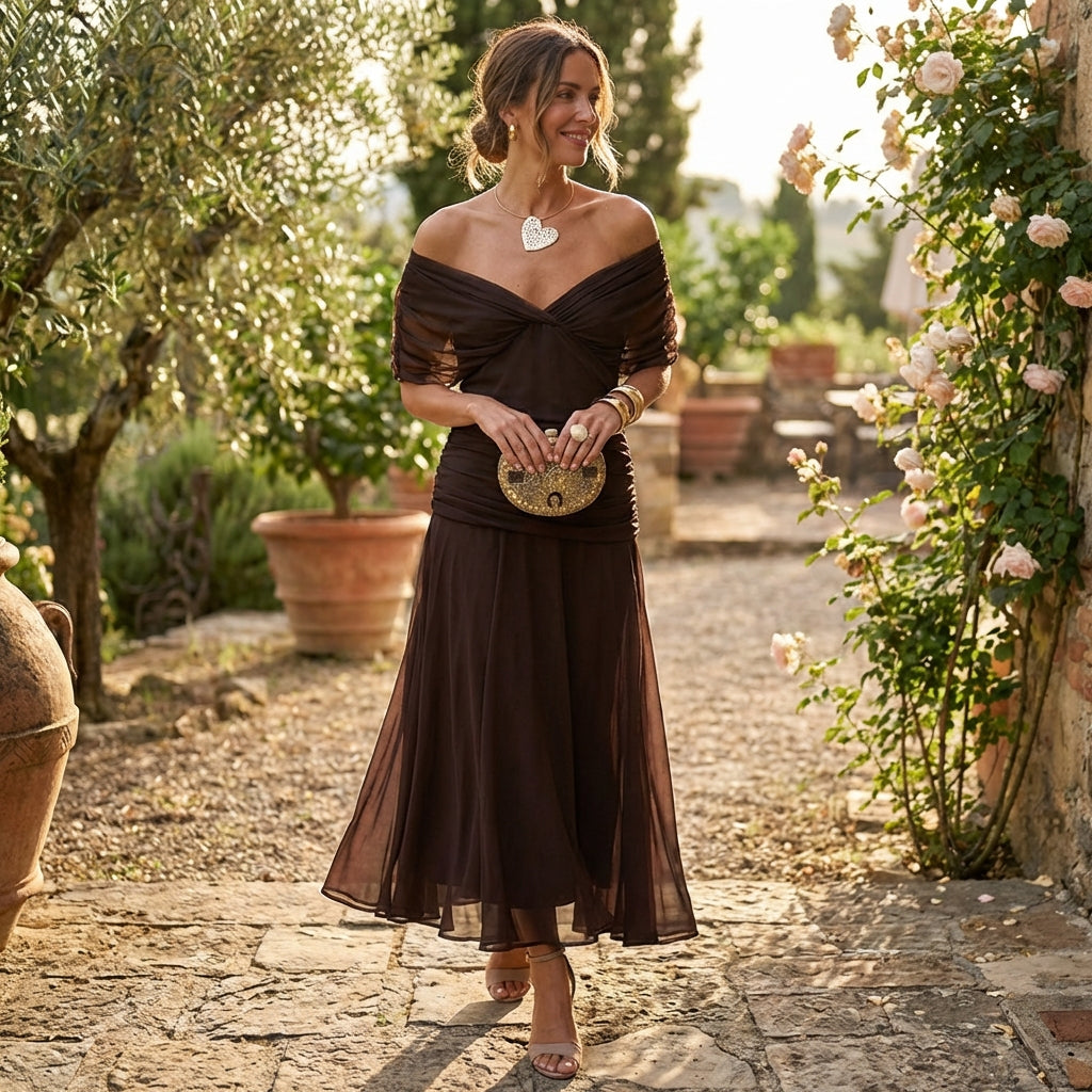 Severina | Abito Maxi Donna Drappeggiato con Spalle Scese