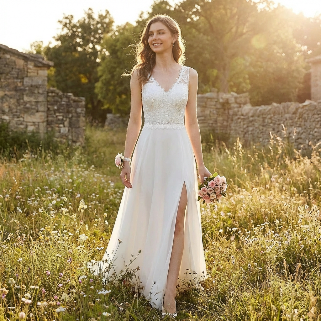 Sofia | Abito lungo bianco da donna con corpetto in pizzo e spacco laterale | Nuziale