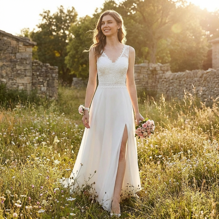 Sofia | Abito lungo bianco da donna con corpetto in pizzo e spacco laterale | Nuziale