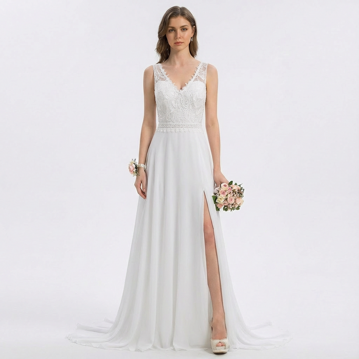 Sofia | Abito lungo bianco da donna con corpetto in pizzo e spacco laterale | Nuziale