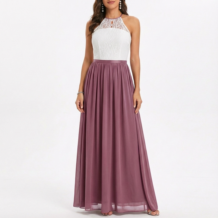 Sofia | Abito Maxi Donna con Pizzo, Scollo Halter e Gonna in Chiffon | Elegante