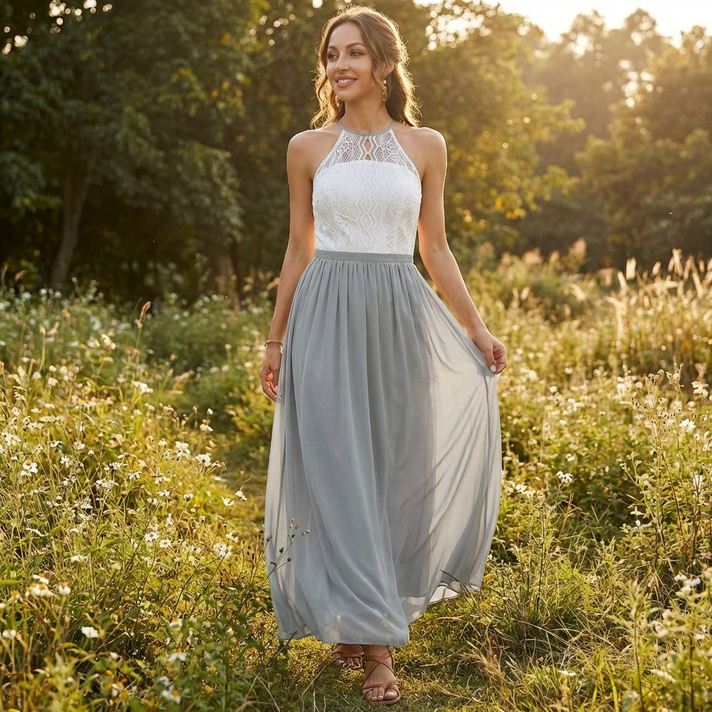 Sofia | Abito Maxi Donna con Pizzo, Scollo Halter e Gonna in Chiffon | Elegante