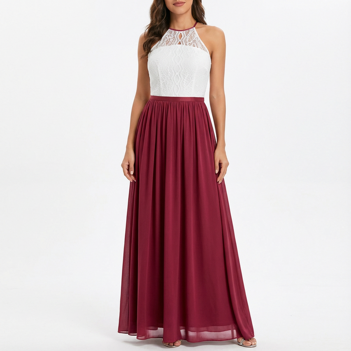 Sofia | Abito Maxi Donna con Pizzo, Scollo Halter e Gonna in Chiffon | Elegante