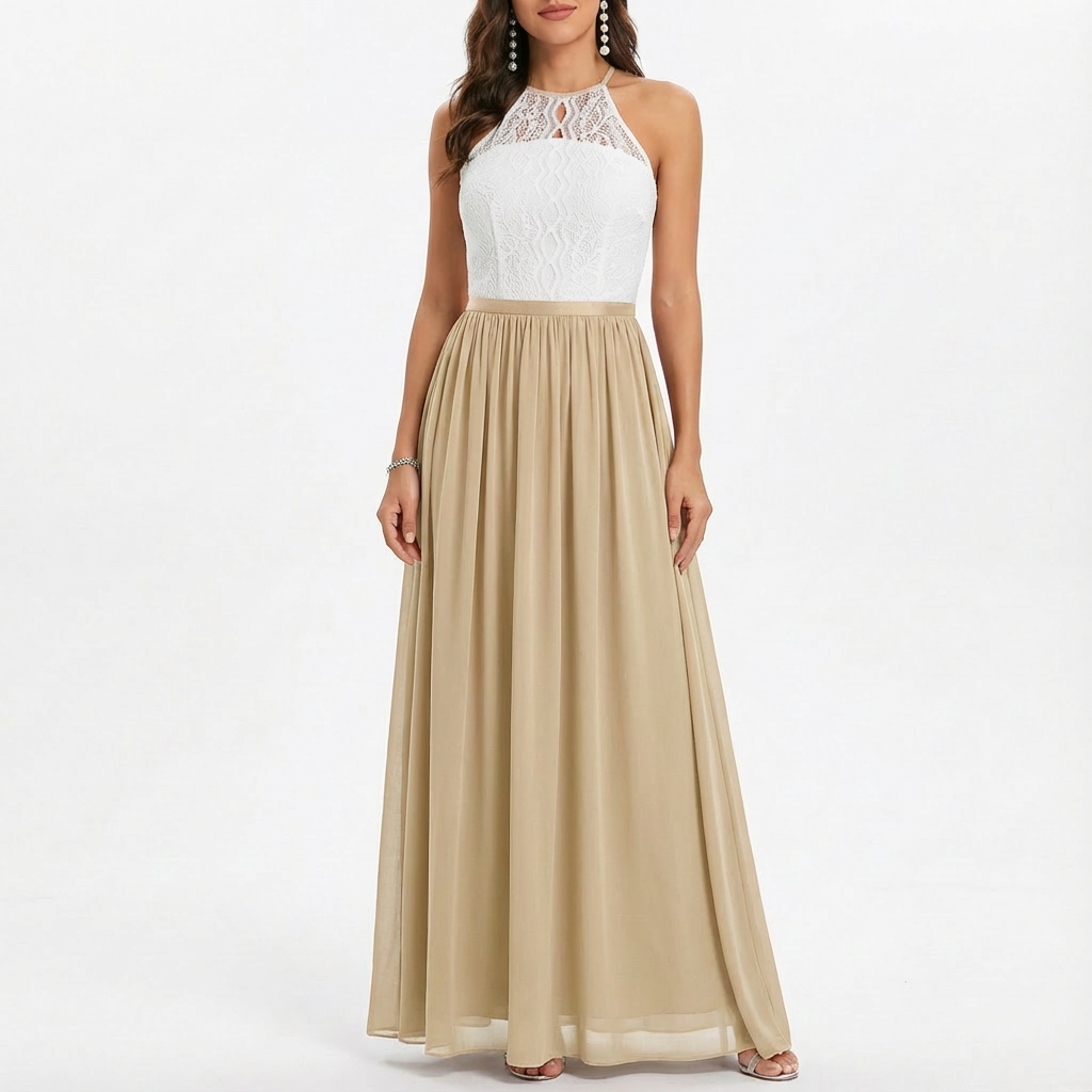 Sofia | Abito Maxi Donna con Pizzo, Scollo Halter e Gonna in Chiffon | Elegante