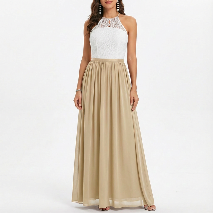 Sofia | Abito Maxi Donna con Pizzo, Scollo Halter e Gonna in Chiffon | Elegante