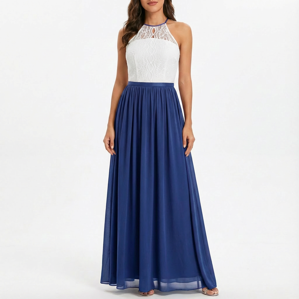 Sofia | Abito Maxi Donna con Pizzo, Scollo Halter e Gonna in Chiffon | Elegante