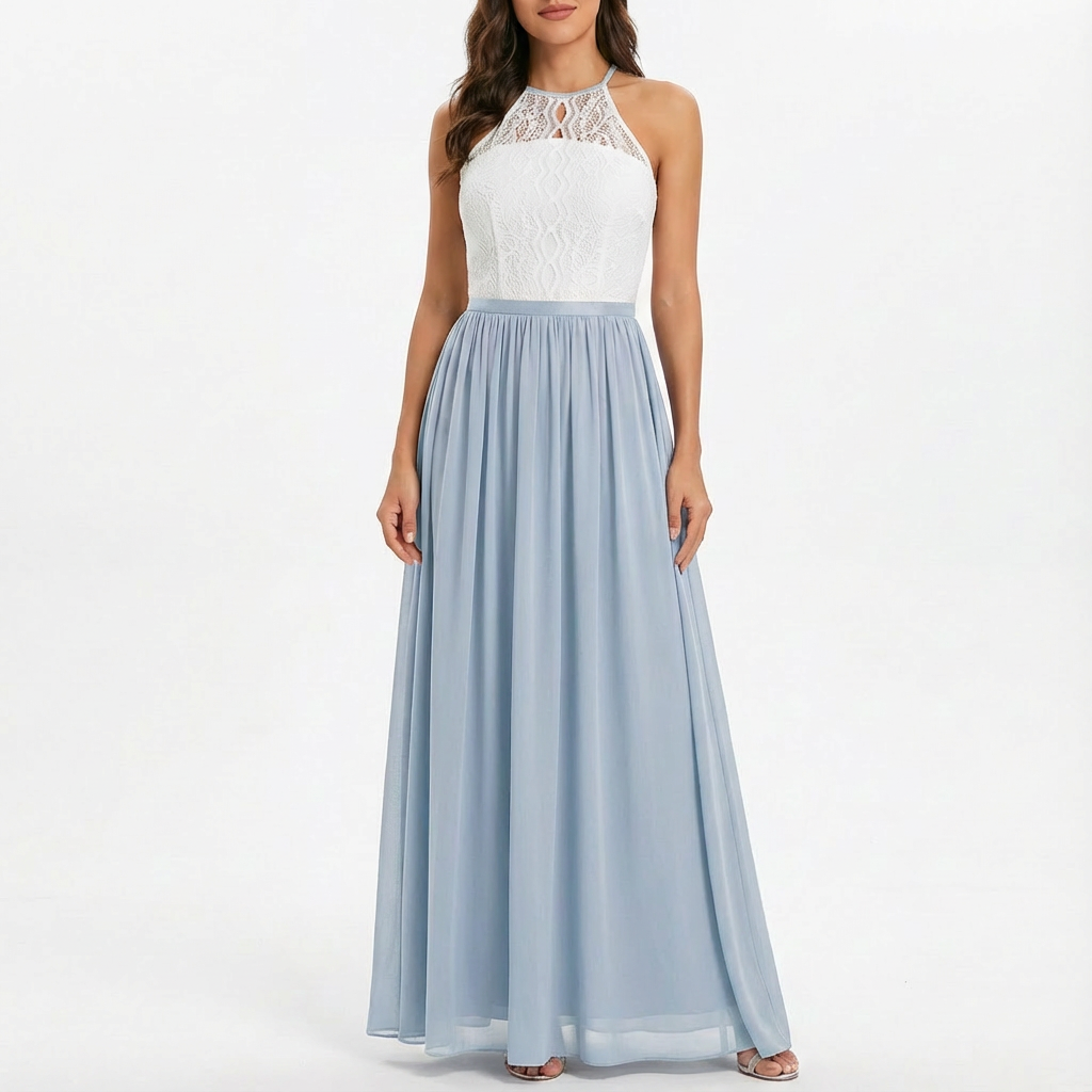 Sofia | Abito Maxi Donna con Pizzo, Scollo Halter e Gonna in Chiffon | Elegante