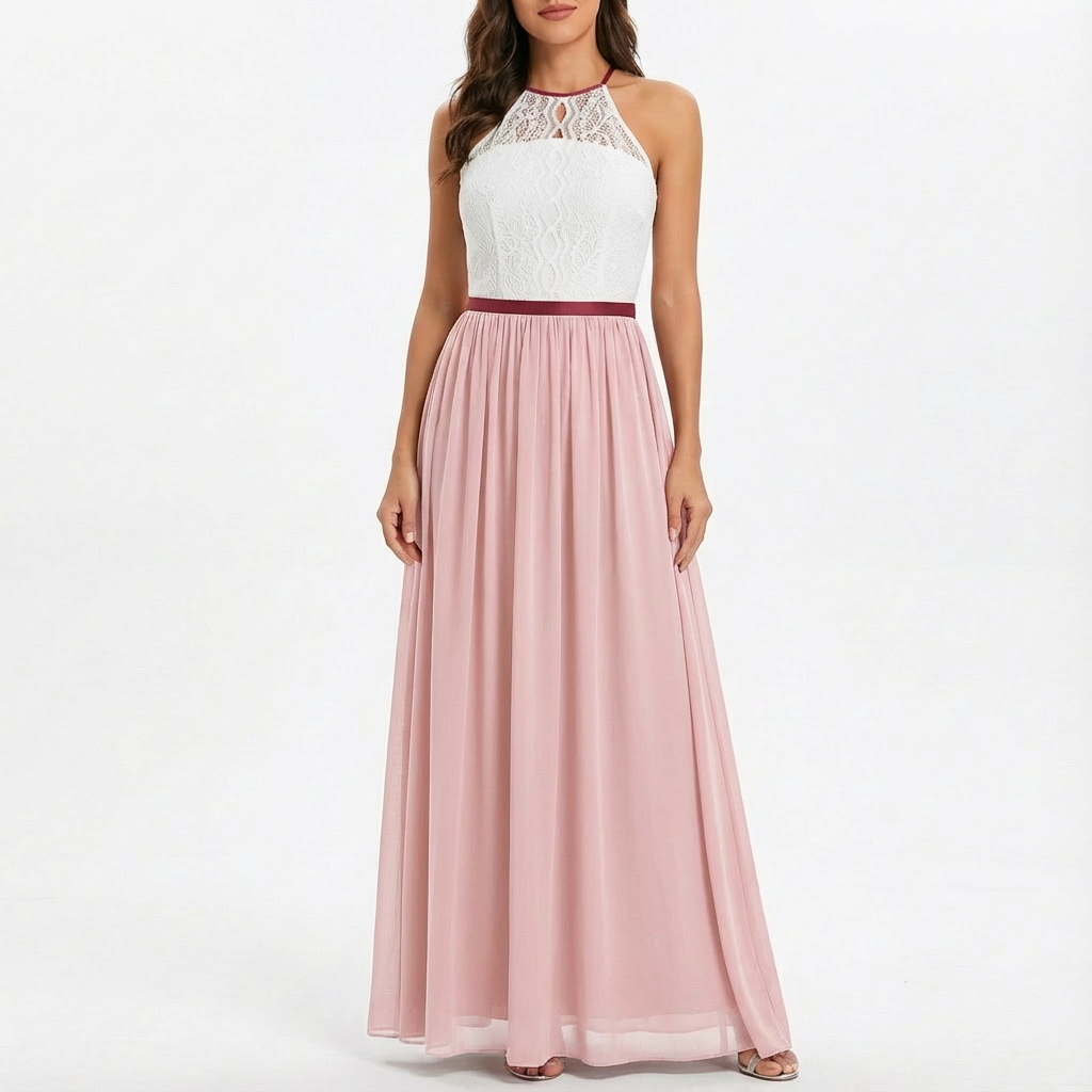 Sofia | Abito Maxi Donna con Pizzo, Scollo Halter e Gonna in Chiffon | Elegante