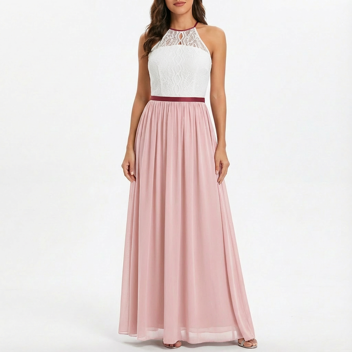 Sofia | Abito Maxi Donna con Pizzo, Scollo Halter e Gonna in Chiffon | Elegante