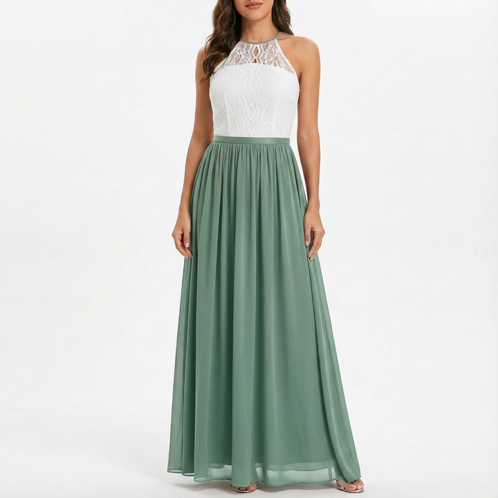 Sofia | Abito Maxi Donna con Pizzo, Scollo Halter e Gonna in Chiffon | Elegante