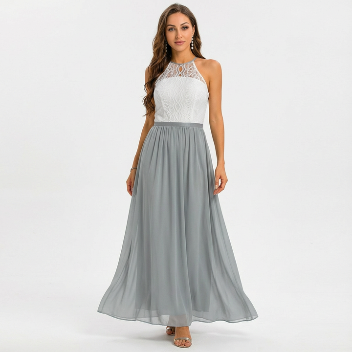 Sofia | Abito Maxi Donna con Pizzo, Scollo Halter e Gonna in Chiffon | Elegante