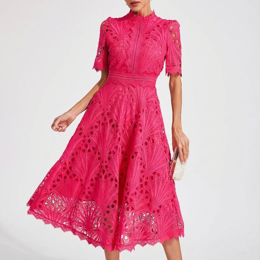 Sofia | Abito Midi Donna con Ricamo Inglese e Collo Alto | Elegante