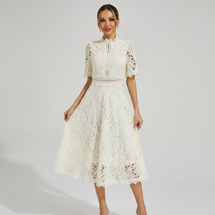 Sofia | Abito Midi Donna con Ricamo Inglese e Collo Alto | Elegante