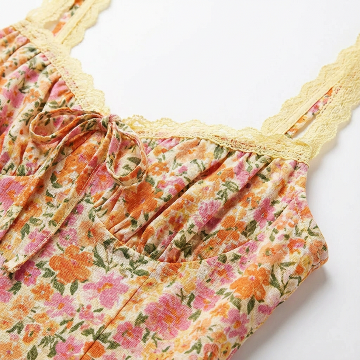 Sofia | Abito Midi Arancione da Donna con Stampa Floreale e Scollo a Cuore | Romantico