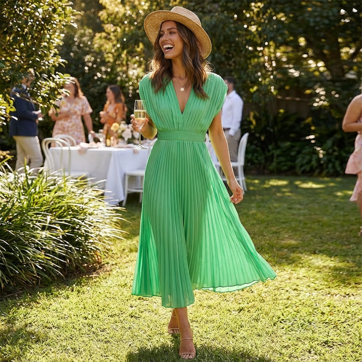 Sofia | Abito Midi Donna con Tessuto Plissettato e Scollo a V | Elegante