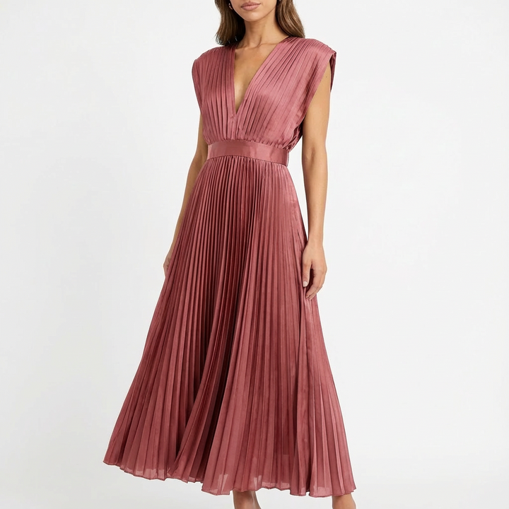 Sofia | Abito Midi Donna con Tessuto Plissettato e Scollo a V | Elegante
