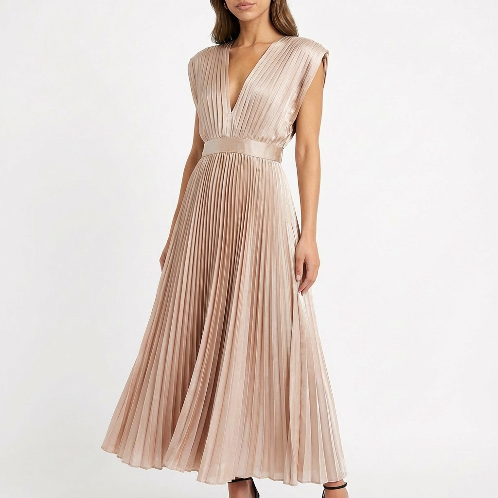 Sofia | Abito Midi Donna con Tessuto Plissettato e Scollo a V | Elegante