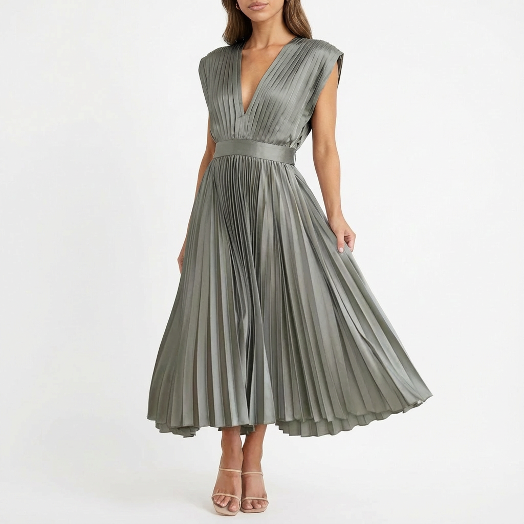 Sofia | Abito Midi Donna con Tessuto Plissettato e Scollo a V | Elegante