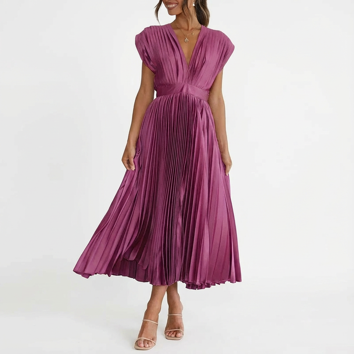 Sofia | Abito Midi Donna con Tessuto Plissettato e Scollo a V | Elegante