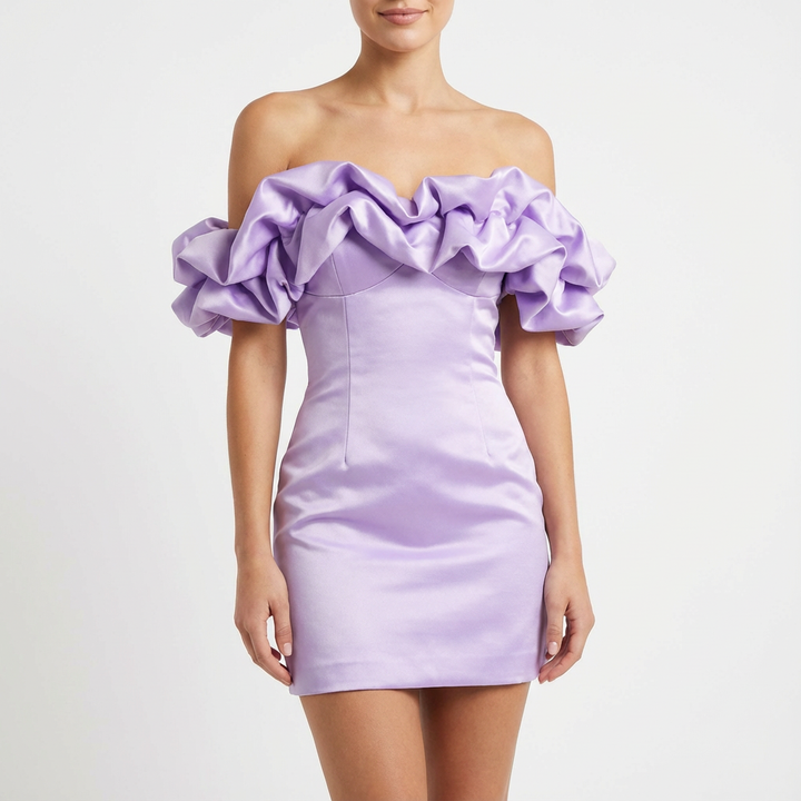 Sofia | Mujer Vestido Mini Con Hombros Descubiertos Y Mangas Volante | Glamuroso